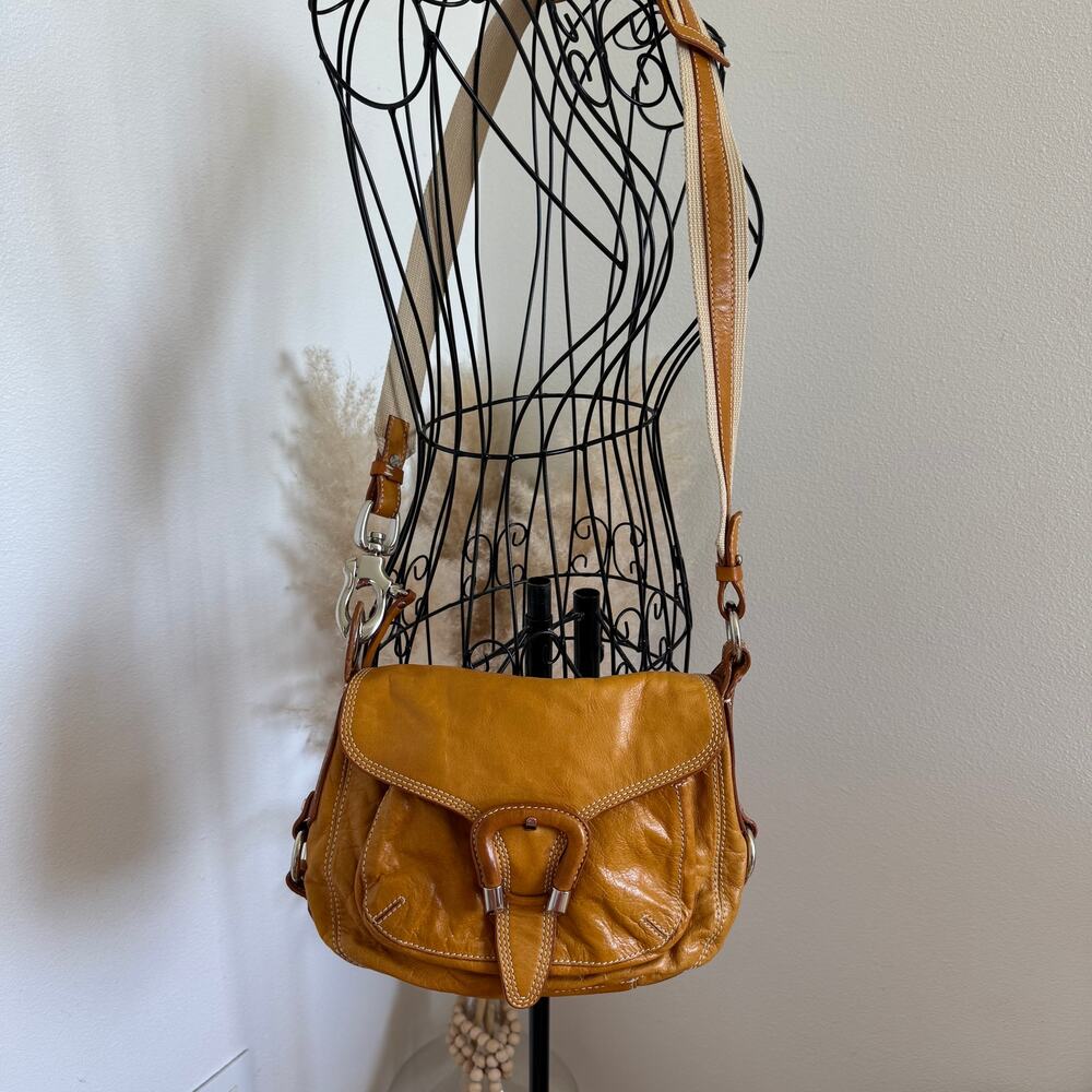VTG Francesco Biasia Tan Leather Crossbody Messenger Bag Y2K